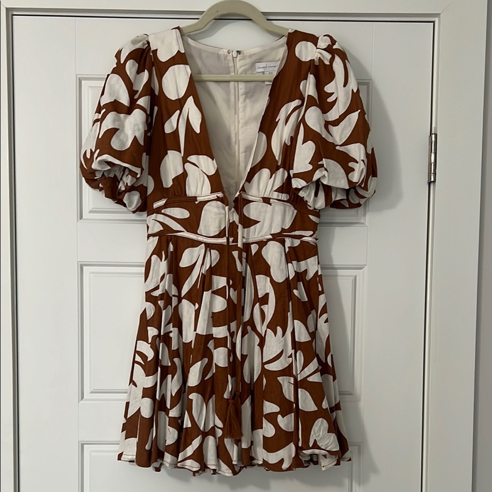 Brown and White Puff Sleeve Mini Sundress